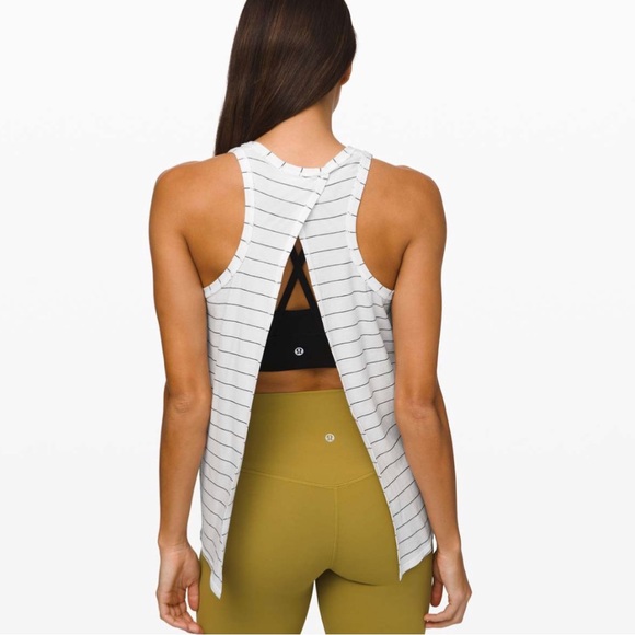 Lululemon white black stripe all tied up tank top loose open back tie up closed - Picture 2 of 6